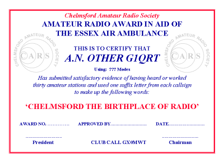 Chelmsford Award Certificate
